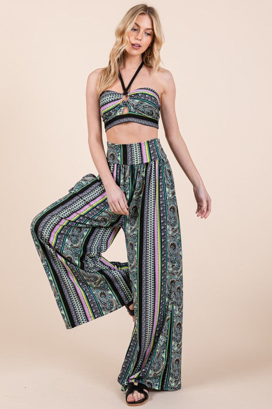 Boho. Print Wide Leg Pants with Pockets