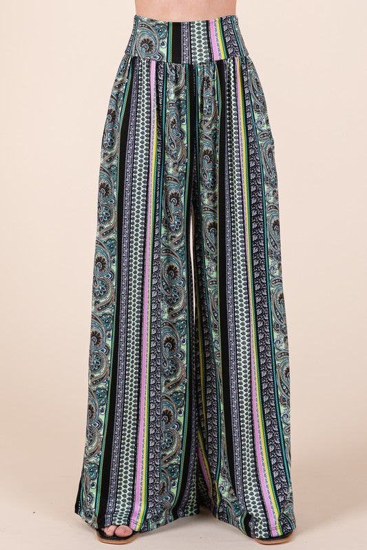 Boho. Print Wide Leg Pants with Pockets