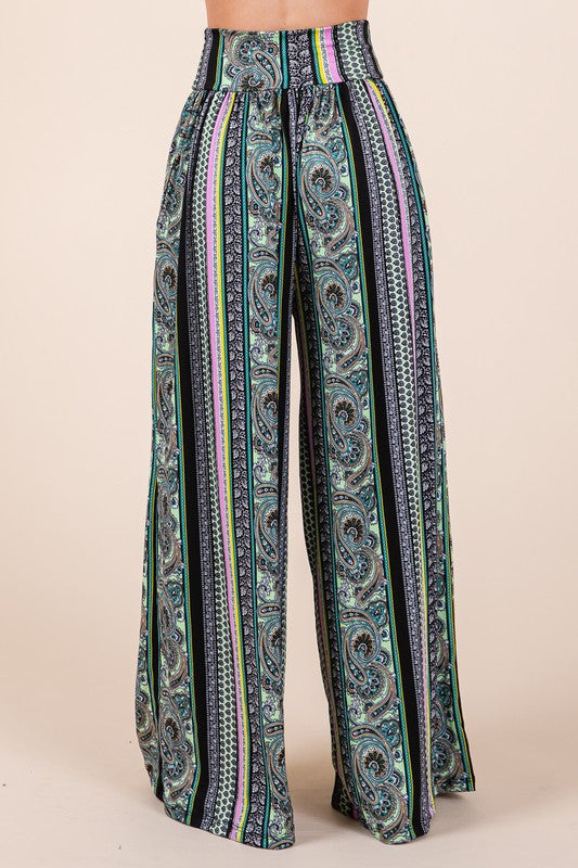 Boho. Print Wide Leg Pants with Pockets